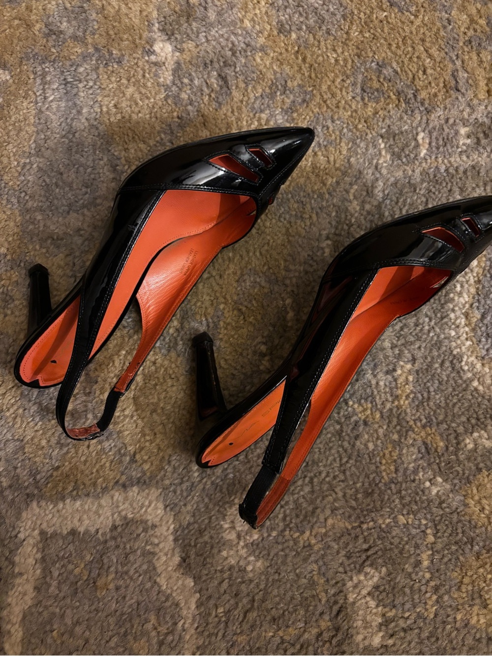 Via Spiga Black Patent Leather Slingback Heels with coral  leather insole.